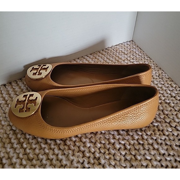 TORY BURCH Women's Ballet Flats Leather Slip-on Royal Tan Gold Logo SZ 6M - Picture 5 of 11